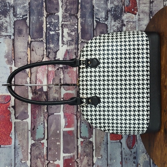 Houndstooth Check Vegan Leather Dome Shaped Satchel Bag - Picture 4 of 9